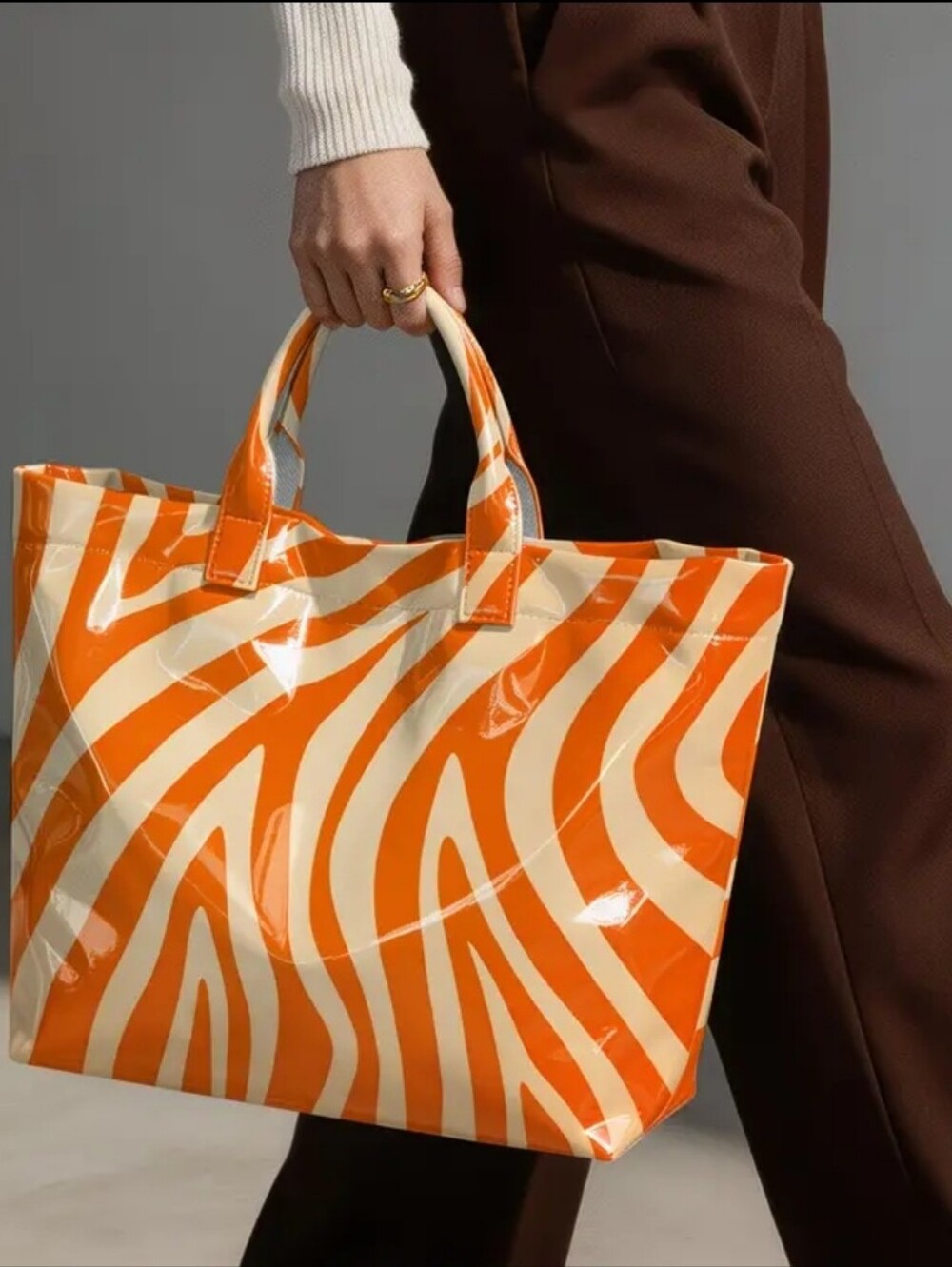 Women Orange Daily Commute Zebra Tote Bag Large